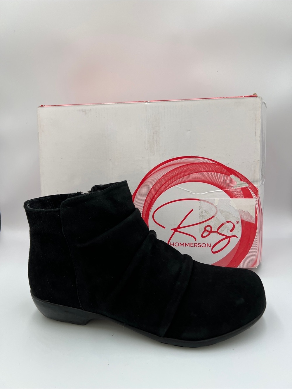 Ros Hommerson Esme ankle boot black suede ruching comfort zipper new 9 WIDE 9W